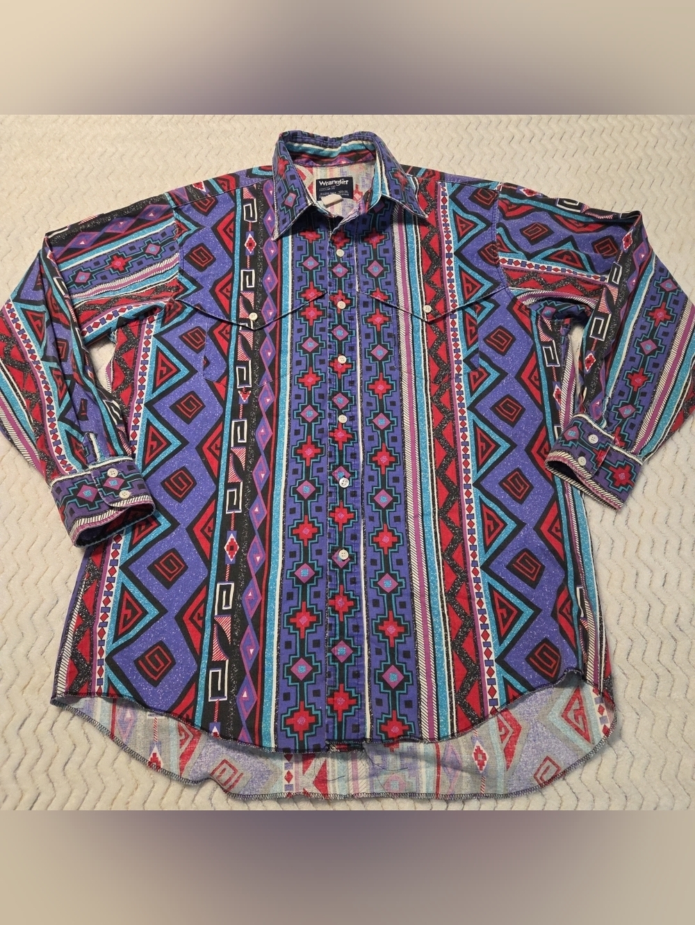 VTG Wrangler Cowboy Cut Shirt Mens 16½ x 36 X Long Tails Aztec 90s Made In USA